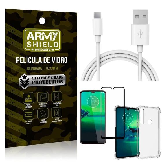 Imagem de Kit Cabo Usb 2m Tipo C Moto G8 Plus + Capa Anti Impacto + Película Vidro 3D - Arymshield