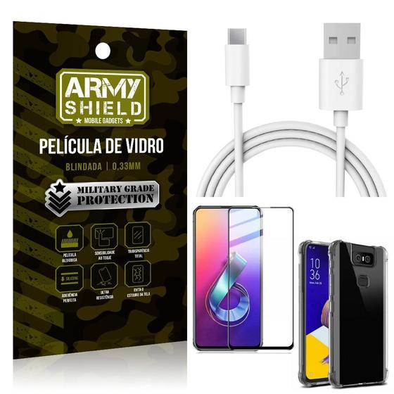 Imagem de Kit Cabo Usb 2m Tipo C Zenfone 6 ZS630KL + Capa Anti Impacto + Película Vidro 3D - Arymshield