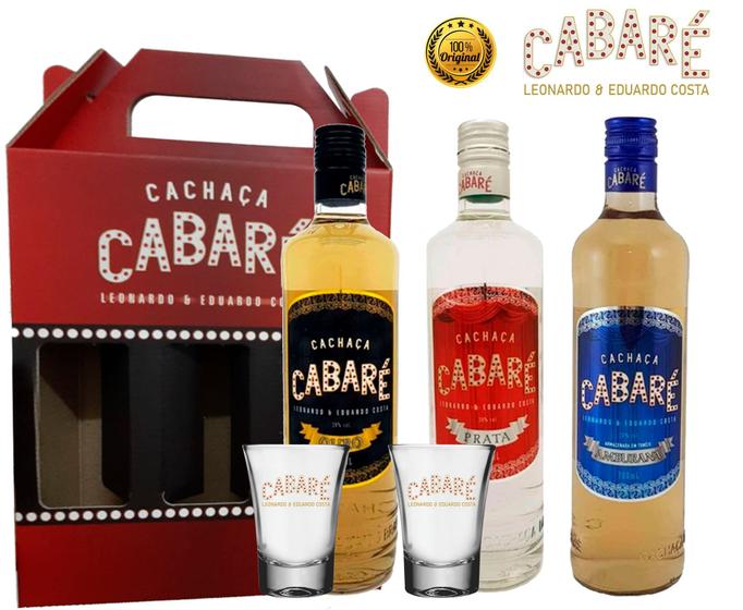 Imagem de Kit Cachaça Cabaré 700ml+ Caixa Presente + 2 Copos Vidro 60ml Cachaça Cabaré