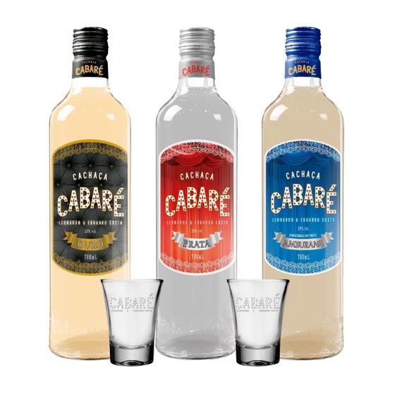 Imagem de Kit Cachaça Cabaré Prata Ouro Amburana 700ml Com Dois Copos