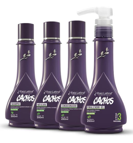 Imagem de Kit Cachos 250ml Profissional Raiz Latina Shampoo Condicionador Máscara Finalizador Gel Definição