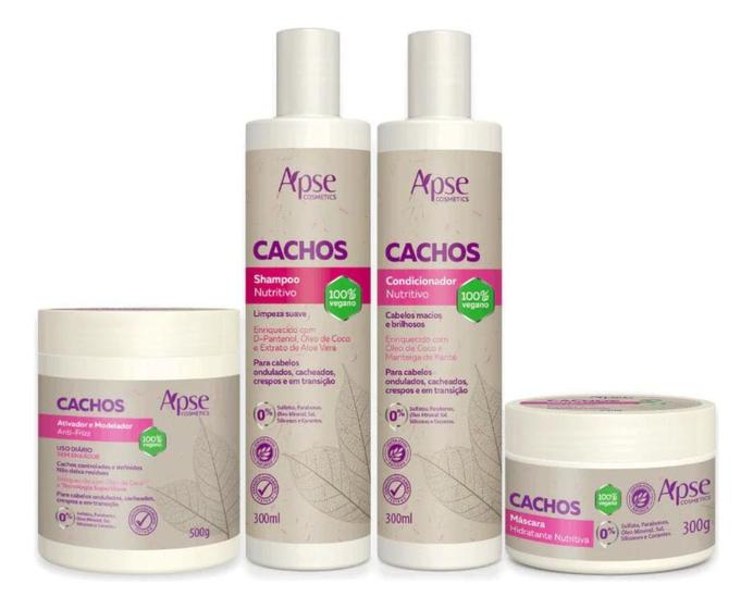 Imagem de Kit Cachos Shampoo, Condicionador, Máscara e Ativador Apse Vegano