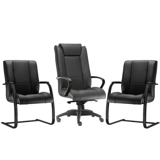 Imagem de Kit Cadeira de Escritório Presidente com 02 Cadeiras Fixas New Onix Corano Preto - Lyam Decor