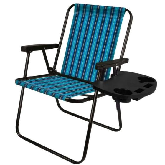 Imagem de Kit Cadeira de Praia Alta Dobravel Xadrez Azul + Mesa Portatil  Mor 