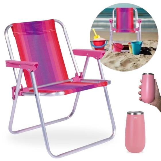 Imagem de Kit Cadeira de Praia Rosa Infantil Aluminio + Copo Termico Rose 165 Ml em Aco Inox para Sucos e Chas  Mor 