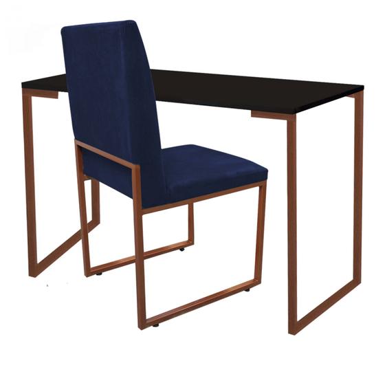 Imagem de Kit Cadeira e Mesa Escrivaninha Escritório Office Stan Industrial Ferro Bronze Suede Azul Marinho - Ahazzo Móveis