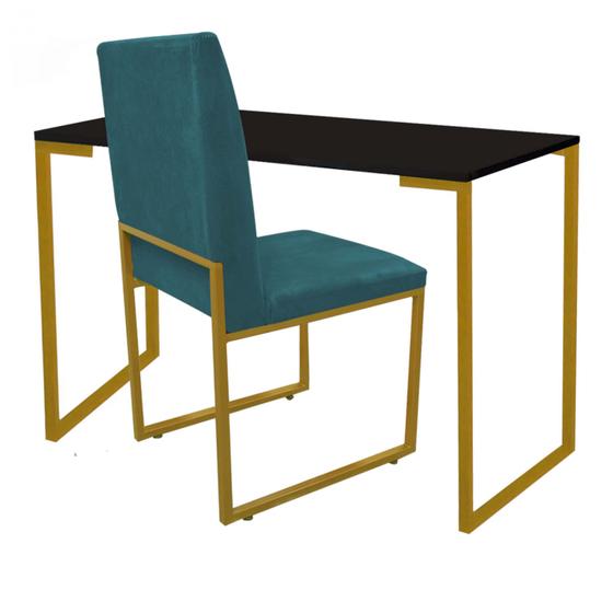 Imagem de Kit Cadeira e Mesa Escrivaninha Escritório Office Stan Industrial Ferro Dourado Suede Azul Turquesa - Ahazzo Móveis