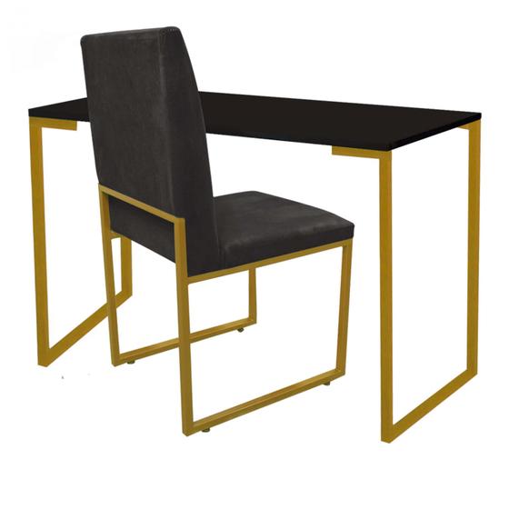 Imagem de Kit Cadeira e Mesa Escrivaninha Escritório Office Stan Industrial Ferro Dourado Suede Preto - Ahazzo Móveis