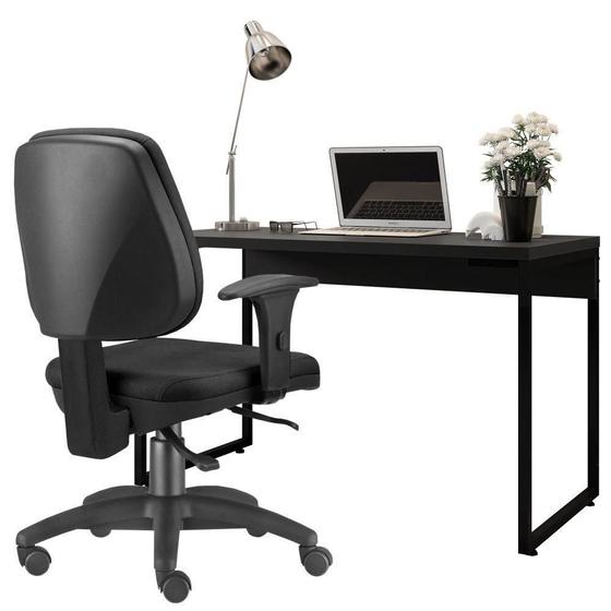 Imagem de Kit Cadeira Escritório Job Crepe e Mesa Escrivaninha Industrial Soft F01 Preto Fosco - Lyam Decor