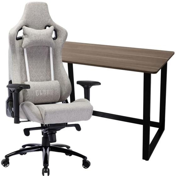 Imagem de Kit Cadeira Gamer Cinza Encosto Reclinável Confortável Ergonômica P/  Jogar Videogame + Mesa Escrivaninha Tampo Mdf e Base em Aço