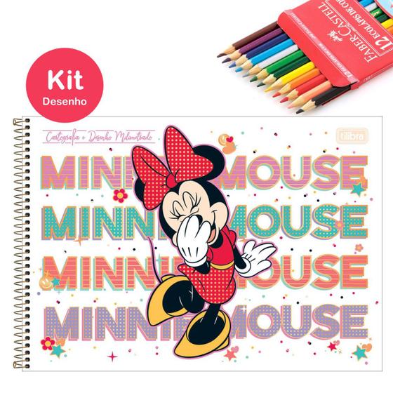 Imagem de Kit Caderno de Desenho Minnie Disney 80 Fls Capa Dura com Adesivo Tilibra + Lápis de Cor Faber 12 Cores Escolar Infantil