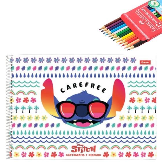 Imagem de Kit Caderno de Desenho Stitch Disney 80 Fls Capa Dura Foroni + Lápis de Cor Faber 12 Cores Escolar Ensino Fundamental