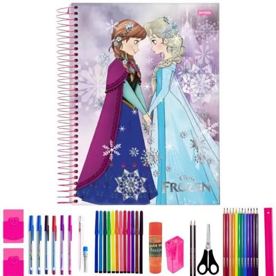 Imagem de Kit Caderno Frozen Arame 200 Folhas Capa Dura Com 40 Itens