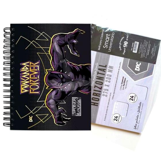 Imagem de Kit Caderno Horizontal Marvel Pantera Negra e Refil Extra com Folhas Pautadas e Pontilhadas Linhas Brancas