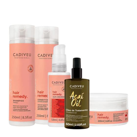 Imagem de Kit Cadiveu Essentials Hair Remedy Shampoo Condicionador Máscara Leave-in e Açaí Oil 60 (5 produtos)