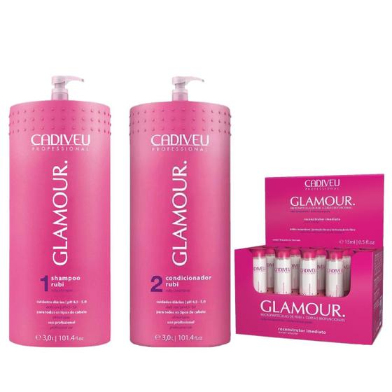 Imagem de Kit Cadiveu Glamour SH. 3000ml + Cond. 3000ml + Amp. 10x15ml