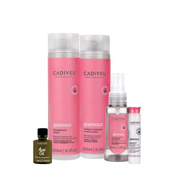 Imagem de Kit Cadiveu Professional Essentials Glamour Shampoo Condicionador Ampola Sérum e Açaí Oil 10 (5 produtos)