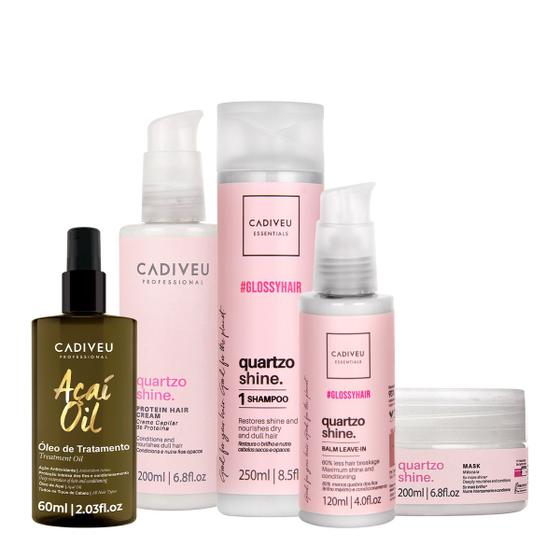 Imagem de Kit Cadiveu Professional Essentials Quartzo Shine Shampoo Máscara Pré-Shampoo Leave-in e Açaí Oil 60 (5 produtos)