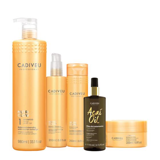 Imagem de Kit Cadiveu Professional Nutri Glow Shampoo Condicionador Máscara Booster e Açaí Oil 110 (5 produtos)