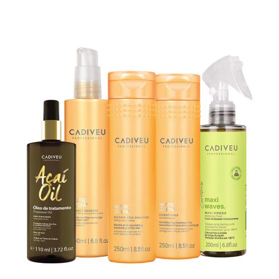 Imagem de Kit Cadiveu Professional Nutri Glow Shampoo Condicionador Maxi Ondas Booster Pré Shampoo e Açaí Oil 110 (5 produtos)