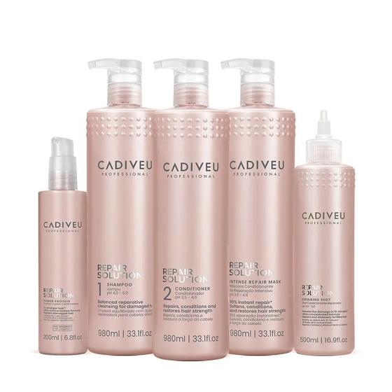 Imagem de Kit Cadiveu Repair Solution Shampoo Sem Sulfato Condicionador  Máscara Litro Shot e Proteína (5 produtos)