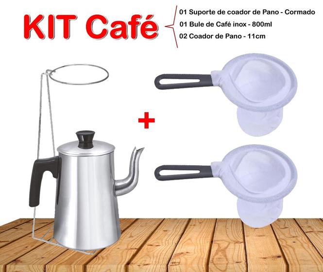 Imagem de Kit Café - 01 Bule 800ml Inox - 01 Suporte de Coador Inox - 02 Coador de Pano 11cm - PANAMI