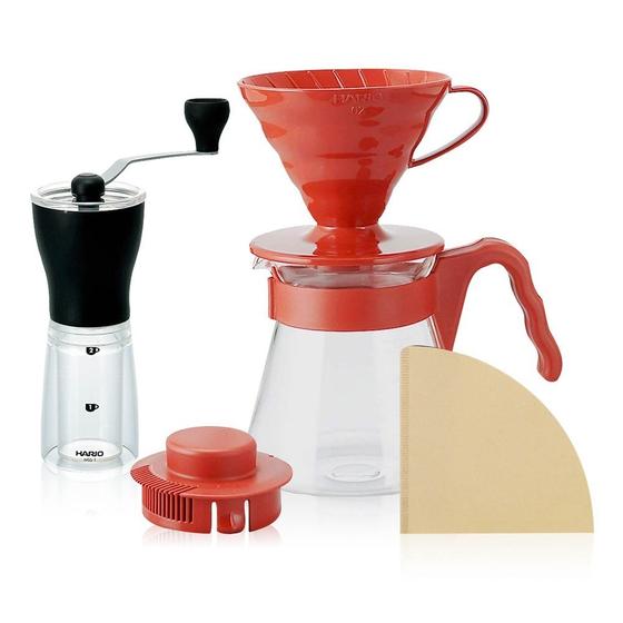 Imagem de Kit Café Coado Hario V60 Vermelho Com Moinho De Cerâmica