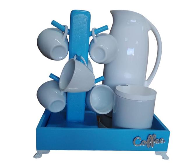 kit cafe completo bandeja xicaras garrafa termica cantinho do cafe Madeira Brasil Art