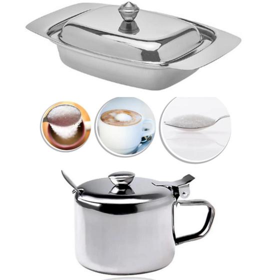 Imagem de Kit Café da Manhã Manteigueira e Açucareiro em Inox Prateados Linha Glamour