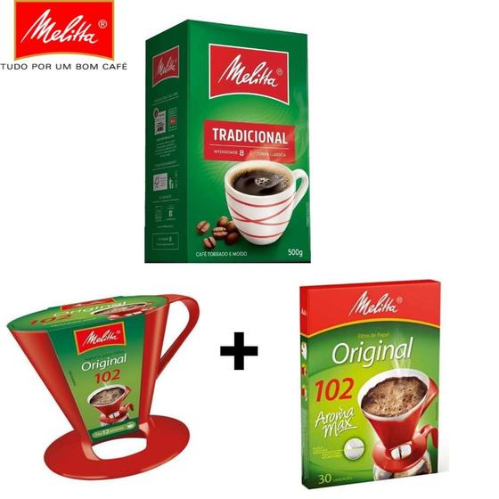 Kit Café Melitta 500g Tradicional + Filtro Original 30 Un + Suporte P/ Filtro Melita Chá e