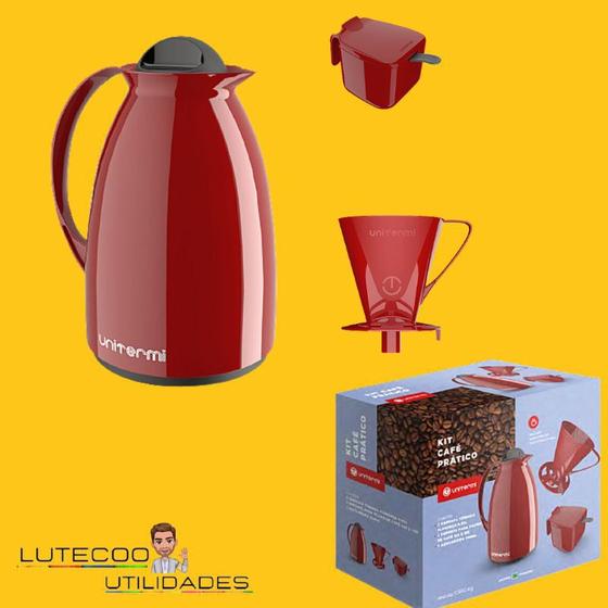 Kit Café Prático 3 Peças Unitermi c/ Garrafa de Café Térmica, Suporte P/ Filtro e Açucareiro