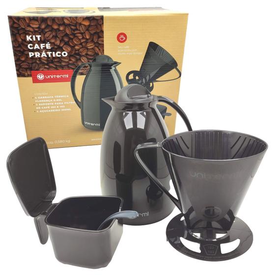 Kit Café Prático Garrafa Térmica 650ml Suporte Filtro Açucareiro 350ml Preto KIT CAFÉ PRÁTICO