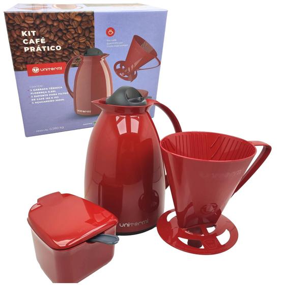 Kit Café Prático Garrafa Térmica 650ml Suporte Filtro Açucareiro 350ml Utensílio de Cozinha