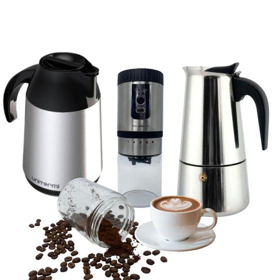 Imagem de Kit Cafeteira Italiana Inox 6 Xícaras Manual Moedor Triturador de Café Expresso Elétrico  Garrafa Térmica Unitermi 600ml