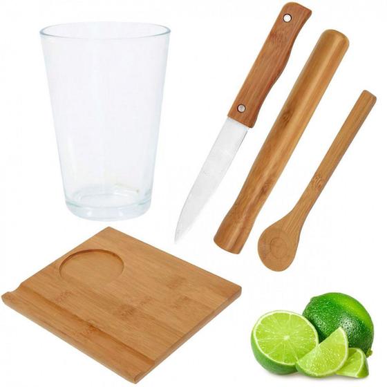 Imagem de Kit Caipirinha 5 Pecas com Copo 500 Ml + Pilao Tabua Colher e Faca Bambu  Mor 