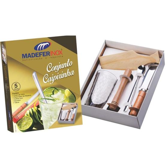 Kit Caipirinha C/ Copo Socador Colher Faca E Tábua - Madefer - Madefer Inox