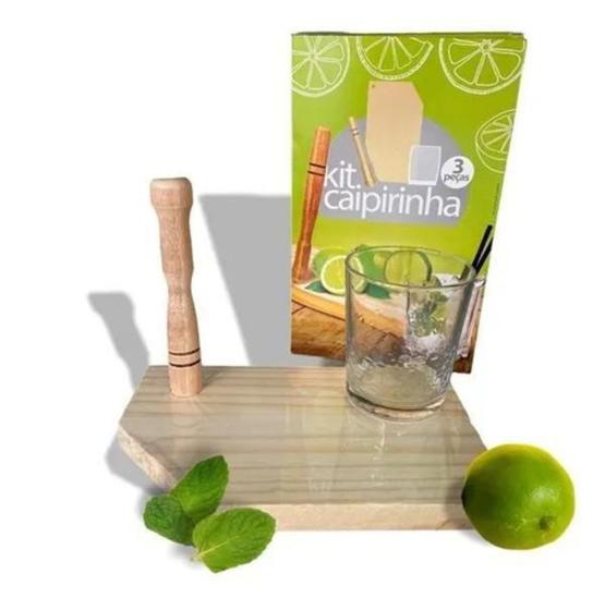 Imagem de Kit Caipirinha Com 3 Peças Socador Copo E Tabua Em Madeira - Madlar