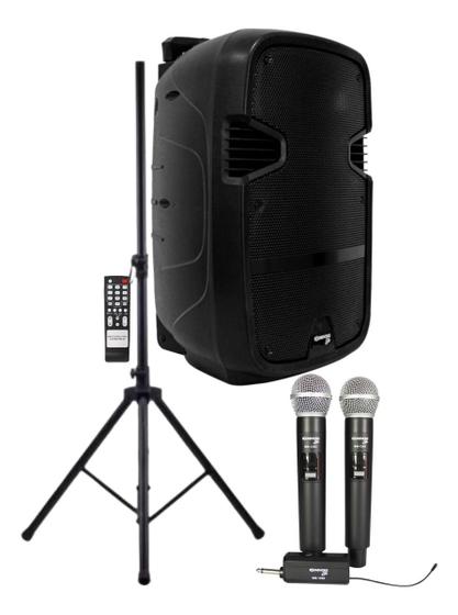 Imagem de Kit Caixa Amplificada + Microfone Sem Fio Duplo Com Tripé