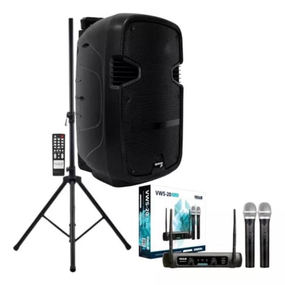 Imagem de Kit Caixa Amplificada + Microfone Sem Fio Duplo Uhf + Tripé