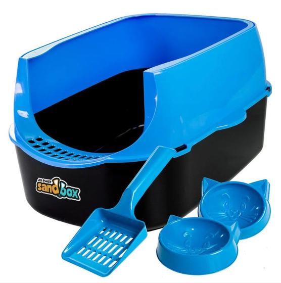 Imagem de Kit Caixa De Areia Sanitário Para Gatos Sandbox Furba Cor Azul + 1 Pá + 2 Comedouros Jel Plast