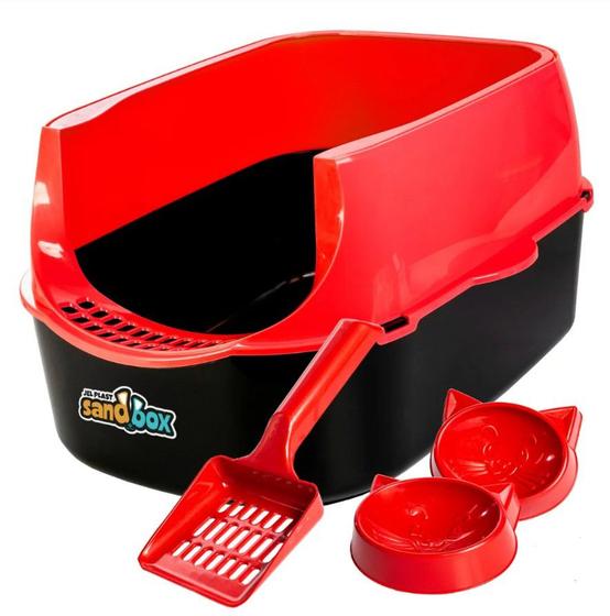 Imagem de Kit Caixa De Areia Sanitário Para Gatos Sandbox Furba Cor Vermelha + 1 Pá + 2 Comedouros Jel Plast