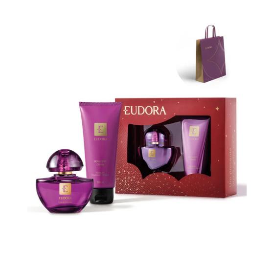Imagem de Kit Caixa de Presente Perfume Feminino EDP Roxo Eudora Eau de Parfum Roxo Creme Acetinado Indulgent