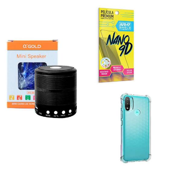 Imagem de Kit Caixa de Som Bluetooth + Capinha Motorola E20 + Película 9D