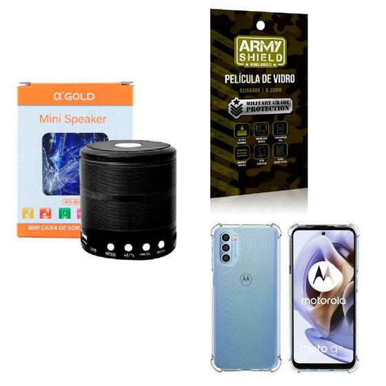 Imagem de Kit Caixa de Som Bluetooth + Capinha Motorola G31 + Película 3D