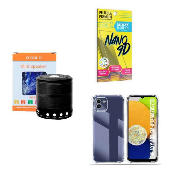 Imagem de Kit Caixa de Som Bluetooth + Capinha Samsung A03 + Película 9D