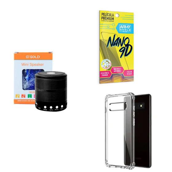 Imagem de Kit Caixa de Som Bluetooth + Capinha Samsung S10 + Película 9D