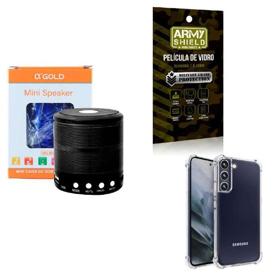 Imagem de Kit Caixa de Som Bluetooth + Capinha Samsung S22 Plus + Película 3D