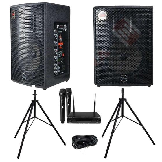 Imagem de Kit Caixa de Som Leacs Ativa + Passiva Brava 1000 150W RMS + Microfone Sem Fio Kadosh K-412M + Cabo P10 + Tripés