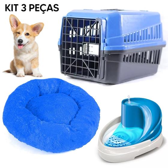 Imagem de Kit Caixa de Transporte nº1 Azul + Cama Nuvem M + Fonte Bebedouro para Cães e Gatos Tobo Bivolt