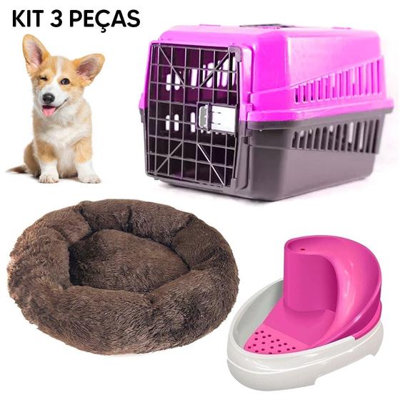 Imagem de Kit Caixa de Transporte nº1 Rosa + Cama Nuvem M + Fonte Bebedouro para Cães e Gatos Tobo Bivolt